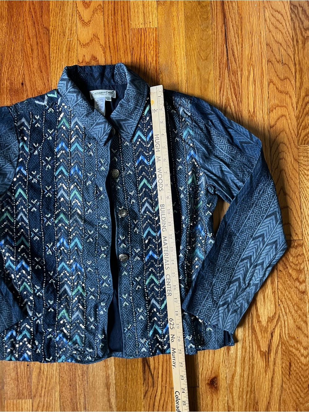 Textured Blue Patterned Button-Front Jacket - Picture 3 of 6